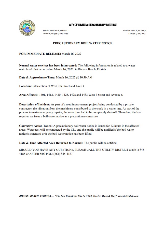 USA Florida City of Riviera Beach utility district water utility shut off notice, Word and PDF template